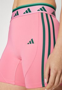 Rosa treningsshorts med grønne vertikale striper og merkevare på linningen. Materialet er glatt med en tettsittende design.