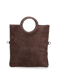 Sac fourre-tout en daim marron avec une poignée circulaire et une base plate. Présente un design minimaliste et des détails de couture sur les bords.