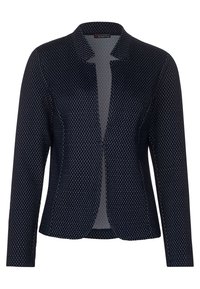 Námořnický blazer s texturovaným diamantovým vzorem, dlouhými rukávy a výstředním límcem. Obsahuje jednotlivé zavírání na háček a hladkou podšívku.