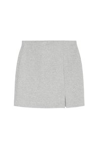 Grauer Minirock aus weichem Stoff. Hat einen geraden Schnitt mit einem Schlitz vorne für mehr Bewegungsfreiheit. Einfaches Design und einfarbig.