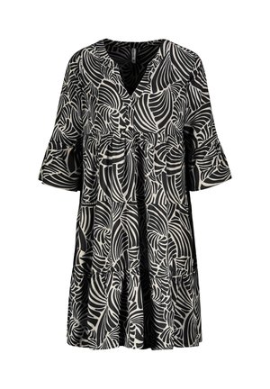 Schwarz-weißes Kleid mit Blattmuster, V-Ausschnitt, weit ausgestellten Ärmeln, gestuftem Design, weichem Stoff und lässiger Silhouette.