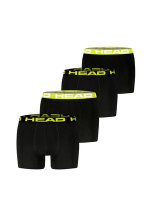 Vier Paar schwarze Herren-Boxershorts mit gelbem elastischem Bund, auf dem der Markenname "HEAD" in Großbuchstaben prangt.