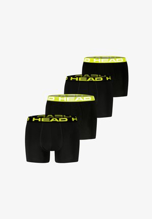 Vier Paar schwarze Herren-Boxershorts mit gelbem elastischem Bund, auf dem der Markenname "HEAD" in Großbuchstaben prangt.