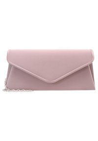 Roze clutch bag met een gladde textuur, driehoekige flap, metalen schouderband en een gestructureerd ontwerp, met een minimalistische envelopvorm.