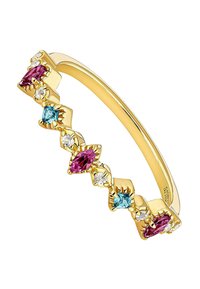 Anillo de oro con gemas en corte marquise rosa y azul alternadas, con acentos transparentes, presentadas en un patrón de zigzag. Acabado liso.
