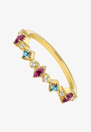 Anillo de oro con gemas en corte marquise rosa y azul alternadas, con acentos transparentes, presentadas en un patrón de zigzag. Acabado liso.