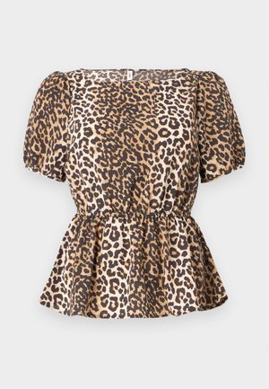 Haut en imprimé léopard avec de courtes manches bouffantes, une taille cintrée et un ourlet évasé. Fabriqué en tissu lisse dans des tons de brun et de beige.