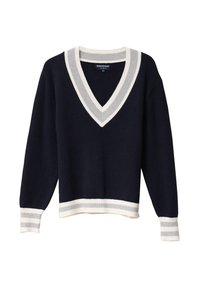 Pull marin avec un col en V et des côtes rayées crème et gris contrastées au col et à l'ourlet. Tissu doux et texturé, coupe décontractée.