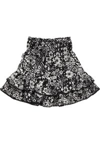 Mustat volangihame, jossa on kukka- ja tähtikuosit, joustava vyötärö ja teksturoitu helma, jossa on pompomeita.