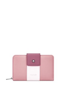 Pink leather wallet with a white stripe, featuring a magenta snap closure and embossed text "VUCH." Smooth texture, rectangular shape, zippered compartment.