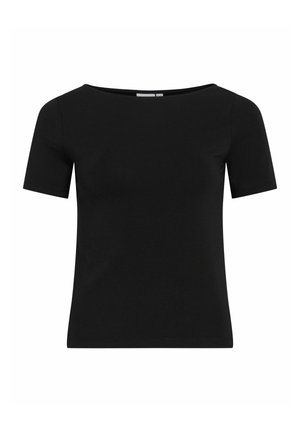 Zwart T-shirt met korte mouwen met een wijde boothals, effen ontwerp en een gladde stoftextuur op een witte achtergrond.