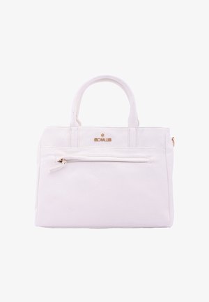 Borsa a spalla in pelle bianca con doppio manico, tasca frontale con zip e hardware color oro. Superficie testurizzata senza motivi visibili.