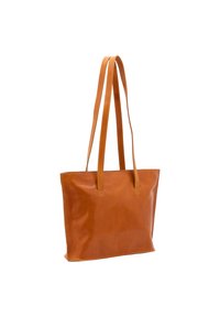 Borsa tote in pelle marrone con due manici lunghi, texture liscia, forma rettangolare e cuciture a contrasto lungo i bordi.