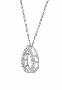 Collana d'argento con pendente a forma di goccia caratterizzato da un motivo a griglia intagliata e impreziosito da piccoli cristalli trasparenti lungo il bordo.