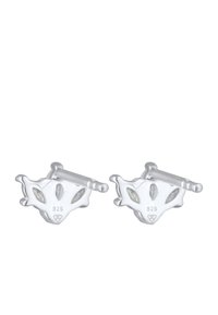 Silberne Manschettenknöpfe in Form eines Füchses mit zwei transparenten Steinen, die sich durch glatte Oberflächen und ein poliertes Finish auszeichnen. Mit "925" für Sterlingsilber gekennzeichnet.
