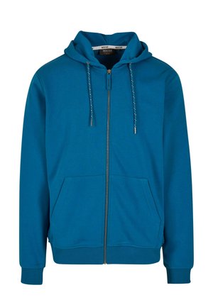 Sinine lukuga kapuutsiga jakk, mis on valmistatud pehmest kangast, sisaldab nööriga kapuutsi, kahte eesmist taskut ja soonikust mansette.