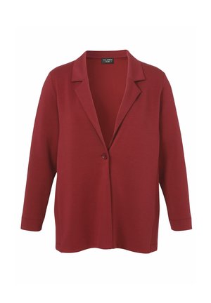 Langärmliger, dunkelroter Blazer mit einem Knopfverschluss und Reverskragen, auf einem weißen Hintergrund präsentiert.