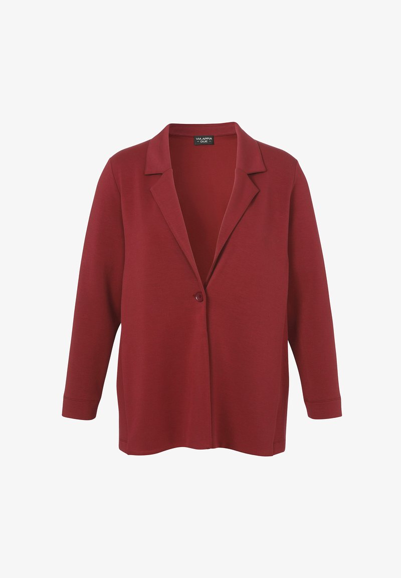 Langärmliger, dunkelroter Blazer mit einem Knopfverschluss und Reverskragen, auf einem weißen Hintergrund präsentiert.