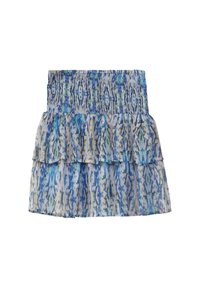Minirok met een geplooide taille in lichte stof, met een waterval ruches ontwerp en een blauw en meerkleurig abstract patroon.