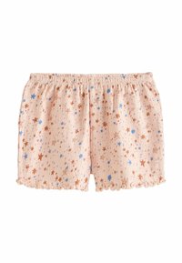Shorts rose clair en tissu texturé doux, avec un motif d'étoiles dispersées en bleu et marron, finis par un ourlet froncé.