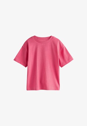Helles pinkfarbenes T-Shirt aus Baumwolle mit kurzen Ärmeln, rundem geripptem Ausschnitt und geradem Saum, dargestellt auf weißem Hintergrund.