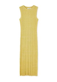Robe maxi jaune côtelée avec un design sans manches et un col rond. Présente des rayures verticales et un tissu texturé pour plus de dimension.