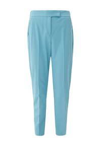 Pantalon bleu clair en tissu lisse, avec une coupe ajustée, des jambes effilées et des poches latérales.