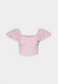 Rosa kort topp med puffärmar, med en rynkad design, mjuk textur och mittdragkedja. Utsmyckad med subtila volangdetaljer.