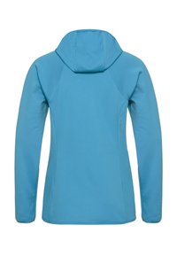 Veste à capuche bleu clair avec un tissu texturé, à manches longues et au design ajusté ; possède des manches raglan et un ourlet droit.