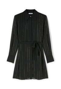 Camicia nera con motivo a strisce verticali metallizzate, maniche lunghe, chiusura frontale con bottoni, colletto e cintura in tessuto da annodare in vita.
