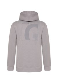 Grå sweatshirt med hætte, der har et tekstureret grafisk logo på ryggen samt ribstrikkede manchetter og kant, lavet af blød og holdbar stof.