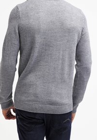 Maglione grigio a maglia con maniche lunghe e scollatura e orlo a costine. Tessuto testurizzato di media pesantezza, mostrato da dietro.