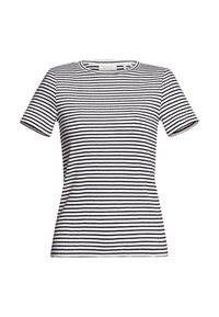 Striped short-sleeve t-shirt in white and navy. Features a round neckline and soft, textured fabric with even horizontal stripes.