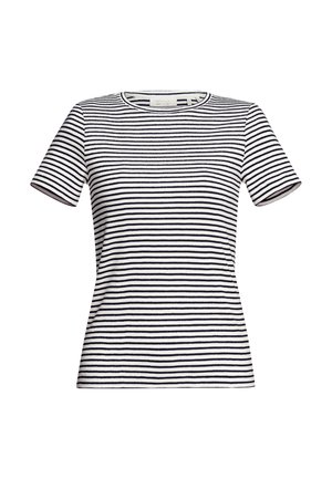 T-shirt a maniche corte a righe in bianco e blu marino. Presenta un colletto rotondo e un tessuto morbido e texturizzato con righe orizzontali regolari.