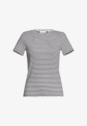 Stribet kortærmet t-shirt i hvid og marineblå. Har en rund halsudskæring og blødt, struktureret stof med jævne vandrette striber.