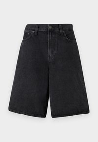 Black denim shorts with a relaxed fit, featuring a high waist, five-pocket design, and a button closure at the front.