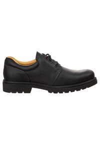Scarpa in pelle nera con punta rotonda, design con lacci e suola in gomma texturizzata. Presenta cuciture a contrasto e una finitura liscia.