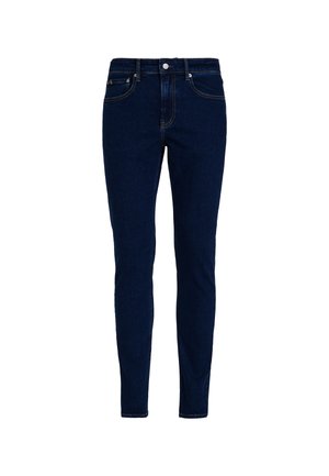 Temno modre skinny hlače iz denima z gladko teksturo, ki vključujejo klasičen pet-pocket dizajn in kontrastne šive.