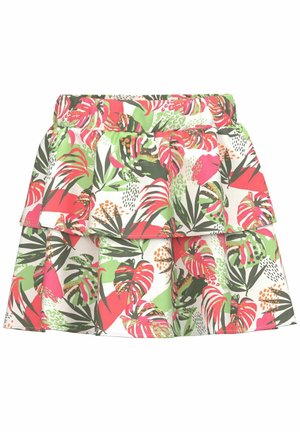 Jupe à imprimé floral avec un design à volants. Caractéristiques des couleurs vives de rose, vert et blanc ; fabriquée en tissu léger ; taille élastique.