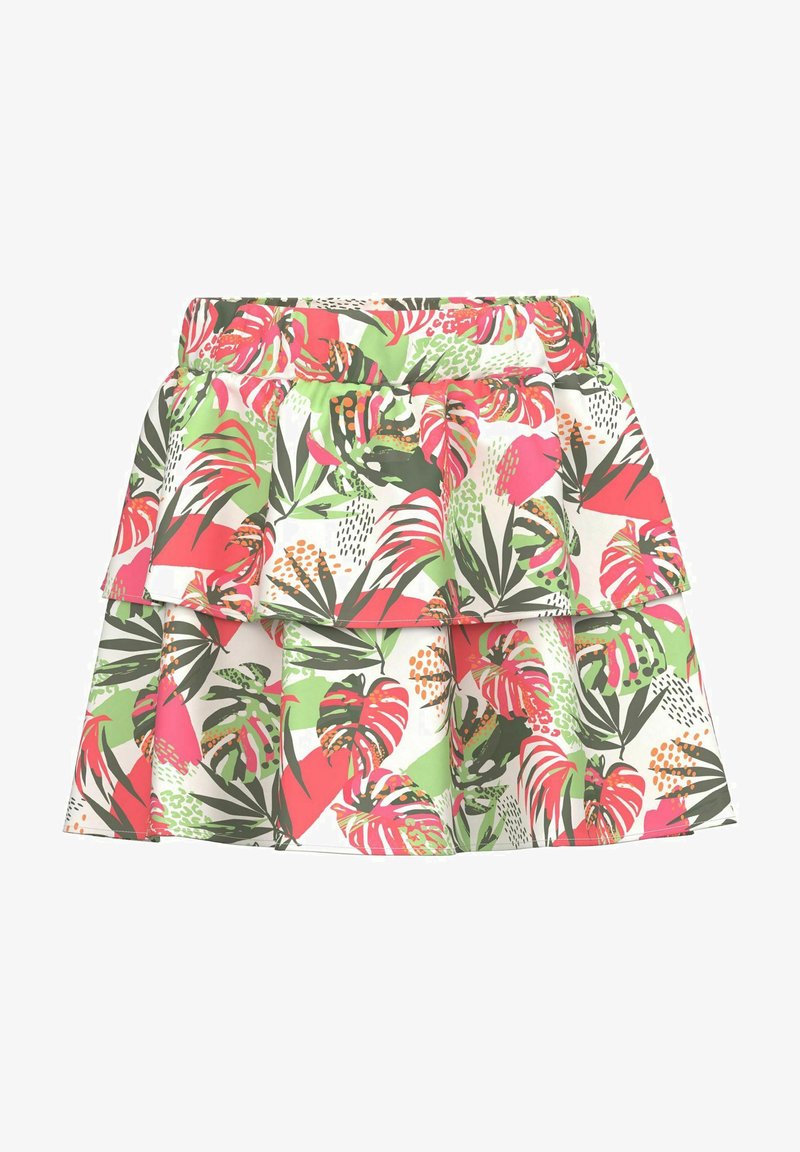 Blumenmuster-Rock mit gestuftem Design. Verfügt über leuchtende Pink-, Grün- und Weißtöne; aus leichtem Stoff gefertigt; mit elastischem Bund.