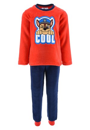 Red plush pajama top with a cartoon dog graphic and "COOL" text; paired with navy fleece pants and red socks. Soft and warm fabric.