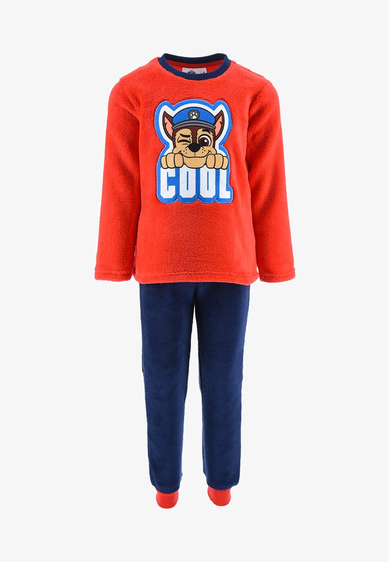 Red plush pajama top with a cartoon dog graphic and "COOL" text; paired with navy fleece pants and red socks. Soft and warm fabric.