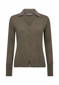 Pulover ribbed de culoare verde măsliniu, cu mâneci lungi, decolteu în V și guler contrastant. Prezintă un design cu față răsucită și un tiv zimțat.