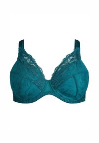 Reggiseno teal con sovrapposizione in pizzo caratterizzato da motivi floreali. Coppe in tessuto liscio e spalline regolabili, che offrono supporto strutturato e comfort.