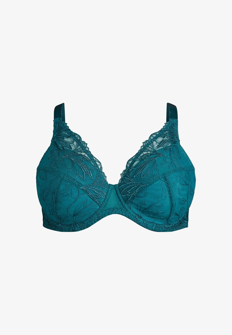Reggiseno teal con sovrapposizione in pizzo caratterizzato da motivi floreali. Coppe in tessuto liscio e spalline regolabili, che offrono supporto strutturato e comfort.