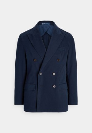 Marineblauer, zweireihiger Blazer aus glattem Stoff, mit Spitzrevers, zwei Vordertaschen und braunen Knöpfen zum Verschließen.