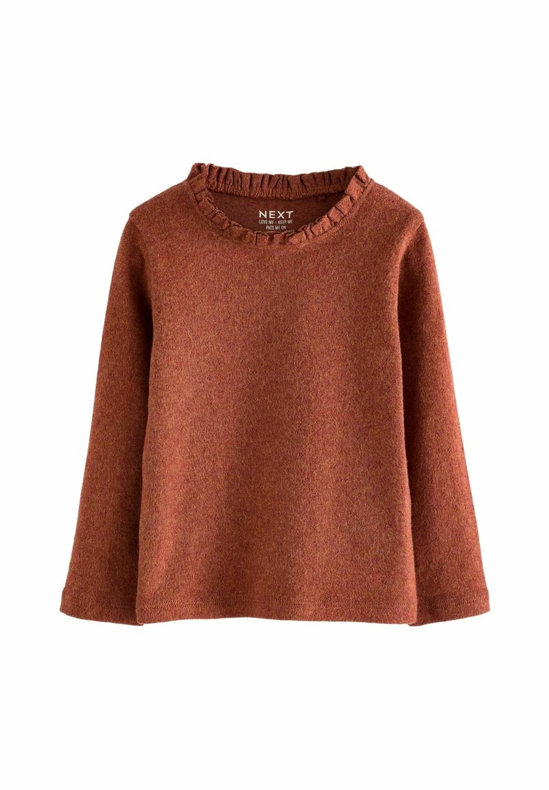 Pull à manches longues couleur rouille avec encolure ronde à volants, tissu doux et texturé, coupe décontractée.