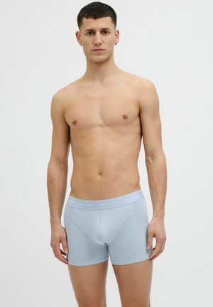 Light blue men's boxer briefs made from soft fabric, featuring a snug fit and a branded elastic waistband. Smooth texture with no visible patterns.