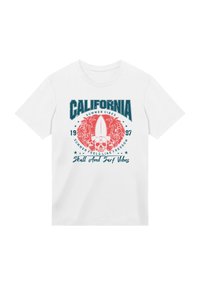 White cotton t-shirt featuring a graphic print with teal and coral colors. Design includes palm trees, a surfboard, and text elements.