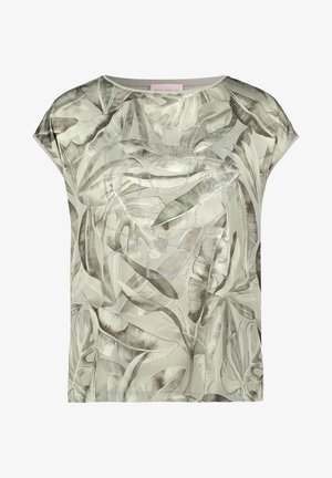 Bluse mit kurzen Ärmeln, grünem und grauem tropischem Blattmuster, rundem Ausschnitt und dezentem Strass-Dekor vorne.